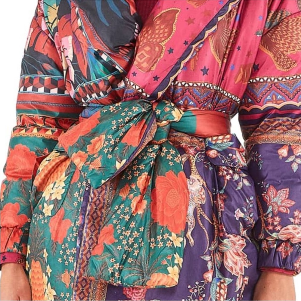 Farm Rio Mixed Scarves Kimono Puffer Jacket in Multi - Picture 5 of 10